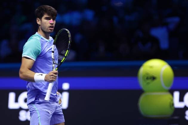 Carlos Alcaraz vs Andrey Rublev Carlos Alcaraz of Spain celebrates during the Round Robin singles match between Carlos Alcaraz of Spain and Andrey Rublev of Russia on Day four of the Nitto ATP, Tennis Herren World Tour Finals. Turin Inalpi Arena Italy Copyright: xMarcoxCanonierox