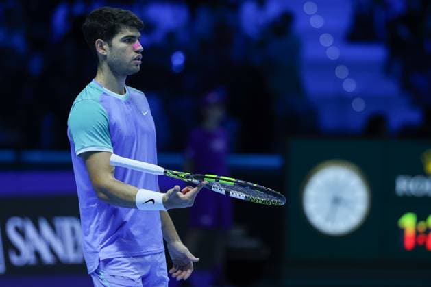 Carlos Alcaraz of Spain vs Andrey Rublev of Russia Nitto ATP FINALS 2024 Turin 13 11 2024 Carlos Alcaraz of Spain seen in actions during Men s Singles Group Stage match against Andrey Rublev of Russia on day four of the Nitto ATP Finals 2024 at Inalpi Arena Copyright: xBEAUTIFULxSPORTS Carabellix