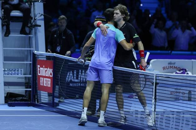 Carlos Alcaraz of Spain vs Andrey Rublev of Russia Nitto ATP FINALS 2024 Turin 13 11 2024 Carlos Alcaraz of Spain celebrates the victory at the end of the match with Andrey Rublev of Russia during Men s Singles Group Stage match against Andrey Rublev of Russia on day four of the Nitto ATP Finals 2024 at Inalpi Arena Copyright: xBEAUTIFULxSPORTS Carabellix