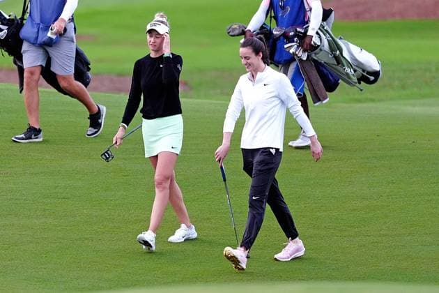 BELLEAIR, FL - NOVEMBER 13: Indiana Fever guard Caitlin Clark and LPGA, Golf Damen golfer Nelly Korda walk the first hole on November 13, 2024, during the LPGA The ANNIKA driven by Gainbridge Pro Am at Pelican Golf Club in Belleair, Florida. (Photo by Brian Spurlock Icon Sportswire) GOLF: NOV 13 LPGA The ANNIKA driven by Gainbridge at Pelican Pro Am EDITORIAL USE ONLY Icon24111325