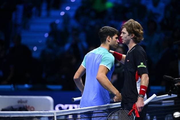 Nitto ATP, Tennis Herren Finals - Alcaraz vs Rublev - Turin Carlos Alcaraz (ESP) during his second match at the 2024 Nitto ATP Finals in Turin, Italy, on November 13, 2024. Photo by Corinne Dubreuil ABACAPRESS.COM Turin Italy  Copyright: xDubreuilxCorinne ABACAx