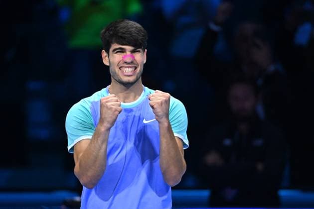 Nitto ATP, Tennis Herren Finals - Alcaraz vs Rublev - Turin Carlos Alcaraz (ESP) during his second match at the 2024 Nitto ATP Finals in Turin, Italy, on November 13, 2024. Photo by Corinne Dubreuil ABACAPRESS.COM Turin Italy  Copyright: xDubreuilxCorinne ABACAx