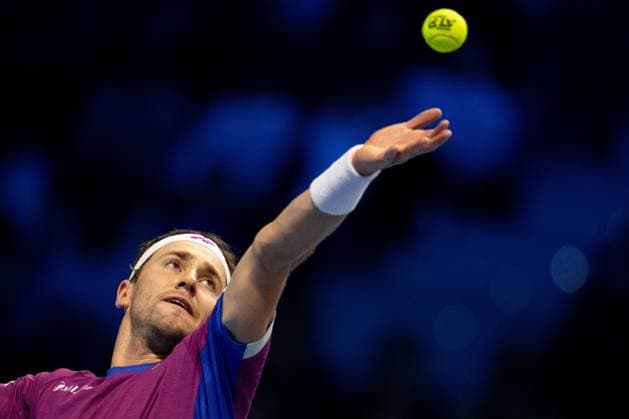 Norway s Casper Ruud serves to Germany s Alexander Zverev during the singles tennis match of the ATP, Tennis Herren World Tour Finals at the Inalpi Arena in Turin, Italy - - Tuesday, November 12, 2024.  Copyright: xMarcoxAlpozzi LaPressex