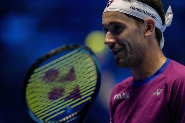 Norway s Casper Ruud& xa0; react during the singles tennis match of the ATP, Tennis Herren World Tour Finals against Germany s Alexander Zverev at the Inalpi Arena in Turin, Italy - - Wednesday, November 13, 2024.  Copyright: xMarcoxAlpozzi LaPressex