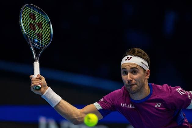 Norway s Casper Ruud returns the ball to Germany s Alexander Zverev& xa0;during& xa0;their singles tennis match of the ATP, Tennis Herren World Tour Finals at the Inalpi Arena, in Turin, Italy - - Wednesday, November 13, 2024.  Copyright: xMarcoxAlpozzi LaPressex
