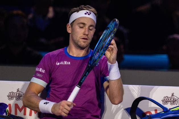 Norway s Casper Ruud& xa0; react during the singles tennis match of the ATP, Tennis Herren World Tour Finals against Germany s Alexander Zverev at the Inalpi Arena in Turin, Italy - - Wednesday, November 13, 2024.  Copyright: xMarcoxAlpozzi LaPressex