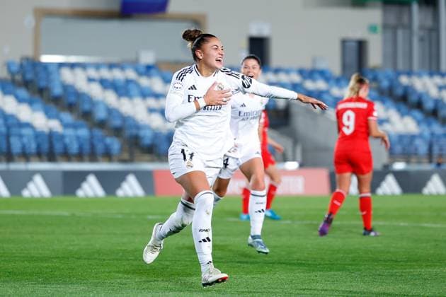 November 13, 2024, Valdebebas, Madrid, SPAIN: Carla Camacho of Real Madrid celebrates a goal during the UEFA Womenâ€⠢s Champions League, Group B, football match played between Real Madrid and FC Twente at Alfredo Di Stefano stadium on November 13, 2024, in Valdebebas, Madrid, Spain. Valdebebas SPAIN - ZUMAa181 20241113_zaa_a181_094 Copyright: xDennisxAgyemanx
