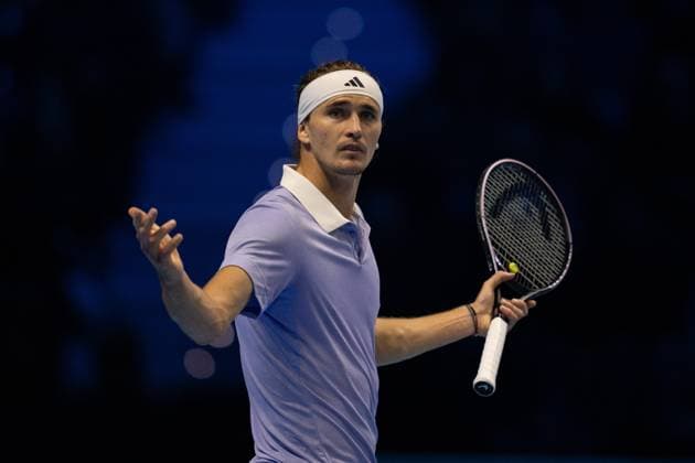 Germany s Alexander Zverev react during the singles tennis match of the ATP, Tennis Herren World Tour Finals against Norway s Casper Ruud& xa0;at the Inalpi Arena in Turin, Italy - - Wednesday, November 13, 2024.  Copyright: xMarcoxAlpozzi LaPressex