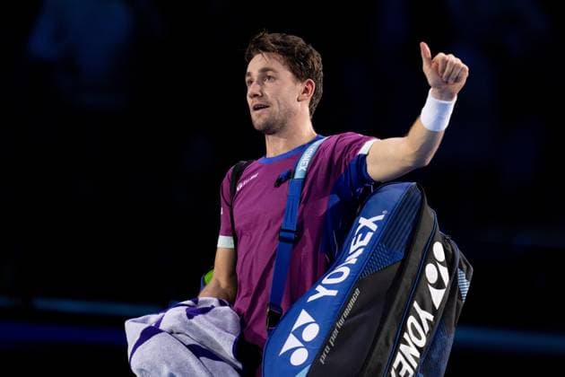 Norway s Casper Ruud& xa0; react after the singles tennis match of the ATP, Tennis Herren World Tour Finals against Germany s Alexander Zverev at the Inalpi Arena in Turin, Italy - - Wednesday, November 13, 2024.  Copyright: xMarcoxAlpozzi LaPressex