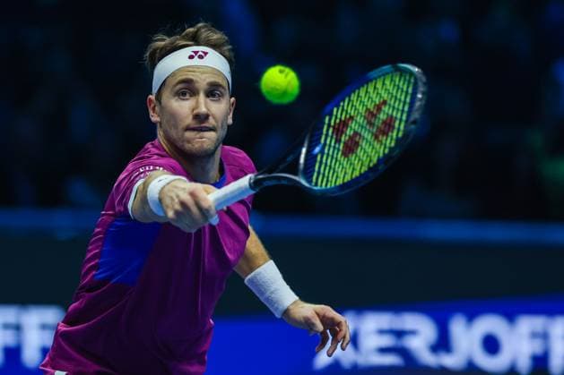 Alexander Zverev of Germany vs Casper Ruud of Norway Nitto ATP FINALS 2024 Turin 13 11 2024 Casper Ruud of Norway seen in actions during Men s Singles Group Stage match against Alexander Zverev of Germany on day four of the Nitto ATP Finals 2024 at Inalpi Arena Copyright: xBEAUTIFULxSPORTS Carabellix