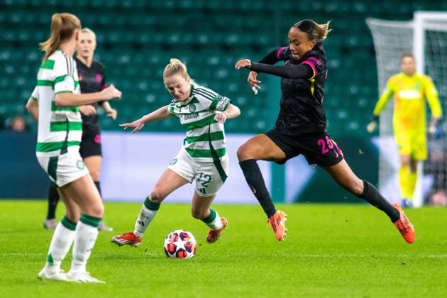 Celtic Women v Chelsea Women UEFA Womens Champions League 13 11 2024. Maelys Mpome of Chelsea launches at Murphy Agnew of Celtic during the UEFA Womens Champions League match between Celtic FC and Chelsea FC, Celtic Park, Glasgow, Scotland. 13 11 2024. Editorial use only , Copyright: xColinxPoultneyx PSI-20821-0042