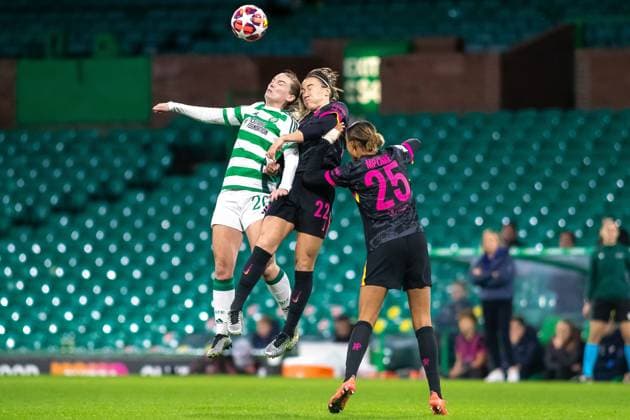 Celtic Women v Chelsea Women UEFA Womens Champions League 13 11 2024. Saoirse Noonan of Celtic & Lucy Bronze of Chelsea challenge for a ball in the air during the UEFA Womens Champions League match between Celtic FC and Chelsea FC, Celtic Park, Glasgow, Scotland. 13 11 2024. Editorial use only , Copyright: xColinxPoultneyx PSI-20821-0050