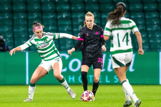 Celtic Women v Chelsea Women UEFA Womens Champions League 13 11 2024. Caitlin Hayes of Celtic challenges Aggie Beever-Jones of Chelsea during the UEFA Womens Champions League match between Celtic FC and Chelsea FC, Celtic Park, Glasgow, Scotland. 13 11 2024. Editorial use only , Copyright: xColinxPoultneyx PSI-20821-0054