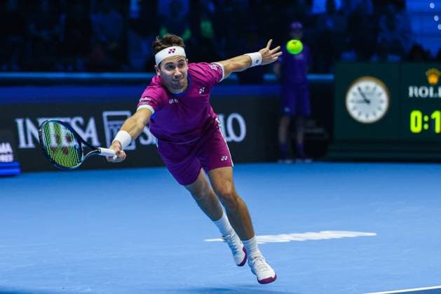 TENNIS - Internazionali di Tennis - Nitto ATP, Tennis Herren Finals - Zverev vs Ruud Casper Ruud of Norway seen in actions during Men s Singles Group Stage match against Alexander Zverev of Germany on day four of the Nitto ATP Finals 2024 at Inalpi Arena Turin Italy  Copyright: xIPAxSport ABACAx