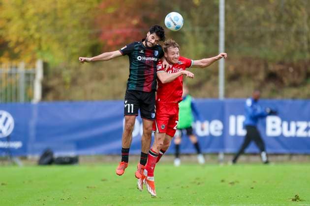 Germany, Hannover, 14 11 2024, Nachwuchsleistungszentrum NLZ, Hannover 96 vs 1 FC Magdeburg Friendly match, Mohammed El Hankouri 1 FC Magdeburg and Jannik Dehm Hannover 96 battle for the ball Hannover Nachwuchsleistungszentrum NLZ Germany eu-images-700