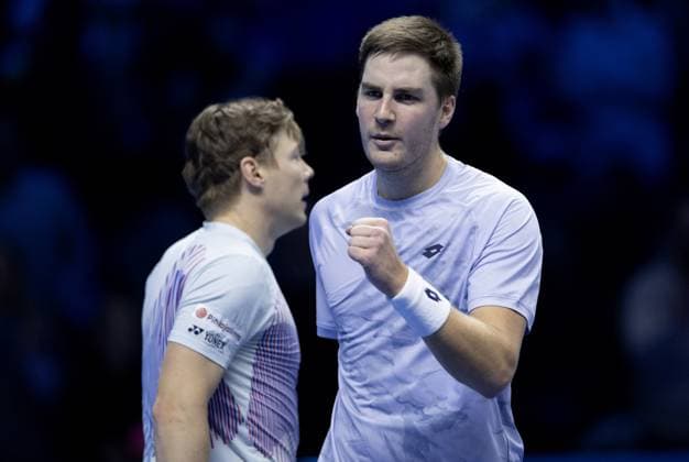 Henry Patten of Great Britain and Harri Heliovaara of Finland celebrate on match point Nitto ATP, Tennis Herren Finals, Day 5, Tennis, Inalpi Arena, Turin, Italy 14 Nov 2024  Copyright: xEllaxLing Shutterstockx 14893644b