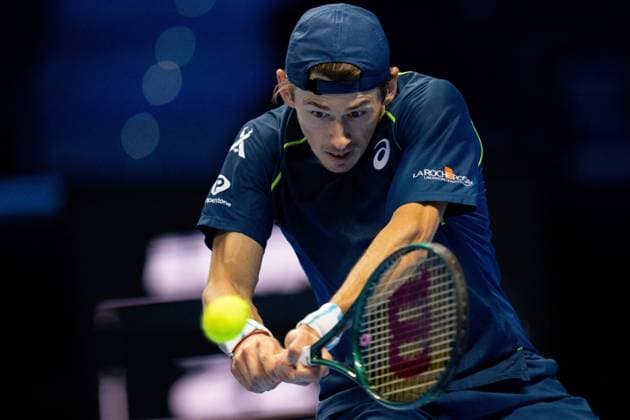 Australia s Alex de Minaur& xa0; returns the ball to United States Taylor Fritz during& xa0;their singles tennis match of the ATP, Tennis Herren World Tour Finals at the Inalpi Arena, in Turin, Italy - - Thursday, November 14, 2024.  Copyright: xMarcoxAlpozzi LaPressex