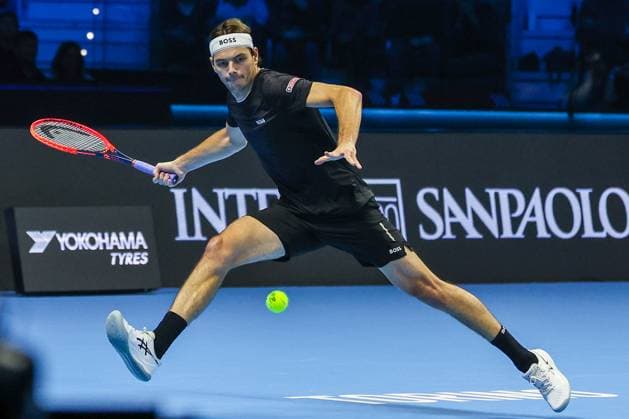 Taylor Fritz of United States vs Alex De Minaur of Australia Nitto ATP FINALS 2024 Turin 14 11 2024 Taylor Fritz of United States seen in actions during Men s Singles Group Stage match against Alex De Minaur of Australia on day five of the Nitto ATP Finals 2024 at Inalpi Arena Copyright: xBEAUTIFULxSPORTS Carabellix