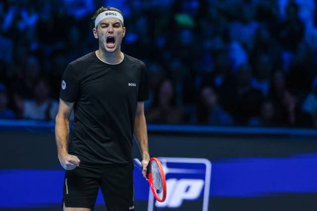 Taylor Fritz of United States vs Alex De Minaur of Australia Nitto ATP FINALS 2024 Turin 14 11 2024 Taylor Fritz of United States celebrates during Men s Singles Group Stage match against Alex De Minaur of Australia on day five of the Nitto ATP Finals 2024 at Inalpi Arena Copyright: xBEAUTIFULxSPORTS Carabellix