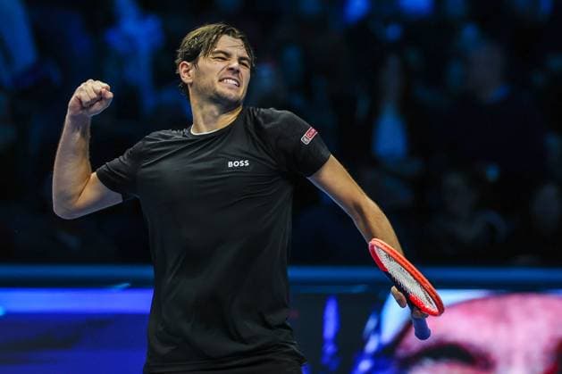 Taylor Fritz of United States vs Alex De Minaur of Australia Nitto ATP FINALS 2024 Turin 14 11 2024 Taylor Fritz of United States celebrates the victory at the end of the match during Men s Singles Group Stage match against Alex De Minaur of Australia on day five of the Nitto ATP Finals 2024 at Inalpi Arena Copyright: xBEAUTIFULxSPORTS Carabellix