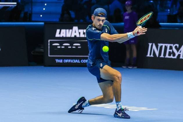 November 14, 2024, Turin, Italy: Alex De Minaur of Australia seen in actions during Men s Singles Group Stage match against Taylor Fritz of United States on day five of the Nitto ATP, Tennis Herren Finals 2024 at Inalpi Arena Turin Italy - ZUMAs197 20241114_aaa_s197_108 Copyright: xFabrizioxCarabellix