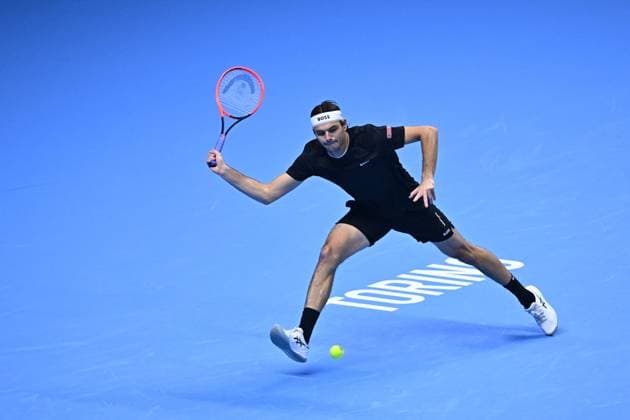 Nitto ATP, Tennis Herren Finals - Fritz v de Minaur Taylor Fritz (USA) duringhis third match at the 2024 Nitto ATP Finals in Torino, ITALY, on November 14, 2024. Photo by Corinne Dubreuil ABACAPRESS.COM Turin Italy  Copyright: xDubreuilxCorinne ABACAx