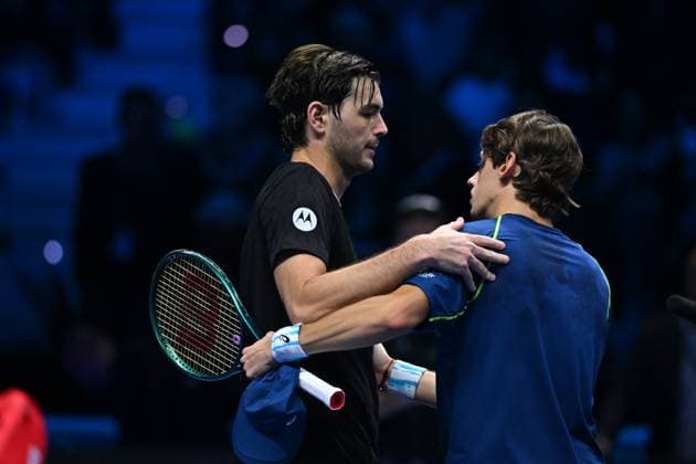Nitto ATP, Tennis Herren Finals - Fritz v de Minaur Taylor Fritz (USA) duringhis third match at the 2024 Nitto ATP Finals in Torino, ITALY, on November 14, 2024. Photo by Corinne Dubreuil ABACAPRESS.COM Turin Italy  Copyright: xDubreuilxCorinne ABACAx