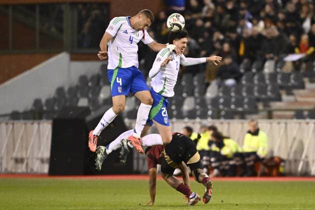 Italian Alessandro Buongiorno, Italian Alessandro Bastoni and Belgium s Lois Openda fight for the ball during a soccer game between Belgian national soccer team Red Devils and Italy, match 5 (out of 6) in the League A Group 2 of the UEFA Nations League 2025 competition, Thursday 14 November 2024 in Brussels. BELGA PHOTO DIRK WAEM BELGA PHOTO Bruno Fahy LaPresse BELGIUM OUT  Copyright: xBELGA LaPresse x