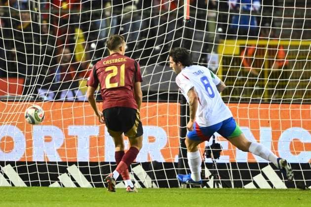 Belgium v Italy - UEFA Nations League 14 11 2024 BRUSSELS, BELGIUM - NOVEMBER 14 : Tonali Sandro midfielder of Italy scores a goal during the UEFA Nations League tournament League A Phase Group A2 match between Belgium and Italy on November 14, 2024 in Brussels, Belgium, 14 11 2024 Brussels Belgium  Copyright: xVincentxKalutx