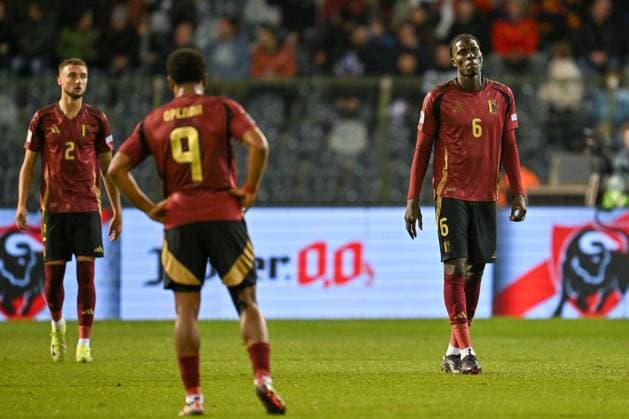 241114 UEFA NATIONS LEAGUE A2 - D5 BELGIUM VS ITALY Amadou Onana (6) of Belgium looking dejected and disappointed during a soccer game between the national teams of Belgium, called the Red Devils and Italy, called Azzurri in the fifth game in group A2 in the UEFA Nations League , on Thursday 14 November 2024 in Brussels , Belgium . photo isosport David Catry BRUSSELS BELGIUM  Copyright: xx 485703