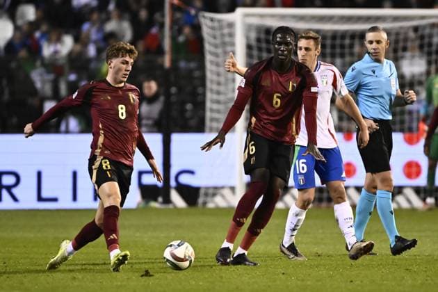 Belgium s Arne Engels and Belgium s Amadou Onana pictured in action during a soccer game between Belgian national soccer team Red Devils and Italy, match 5 (out of 6) in the League A Group 2 of the UEFA Nations League 2025 competition, Thursday 14 November 2024 in Brussels. BELGA PHOTO DIRK WAEM BELGA PHOTO Bruno Fahy LaPresse BELGIUM OUT  Copyright: xBELGA LaPresse x