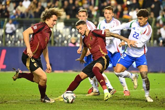 Belgium v Italy - UEFA Nations League 14 11 2024 BRUSSELS, BELGIUM - NOVEMBER 14 : Faes Wout defender of Belgium and Debast Zeno defender of Belgium during the UEFA Nations League tournament League A Phase Group A2 match between Belgium and Italy on November 14, 2024 in Brussels, Belgium, 14 11 2024 Brussels Belgium  Copyright: xVincentxKalutx