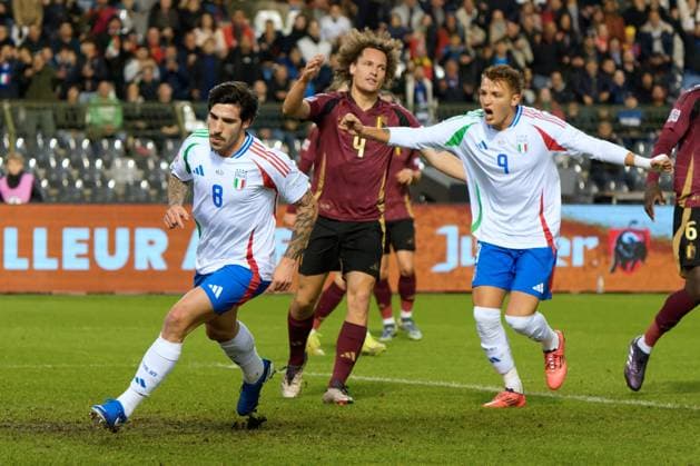 CALCIO - UEFA Nations League - Belgium vs Italy Sandro Tonali of Italy celebrates after scoring a goal during Belgium vs Italy, Football UEFA Nations Leage match in Brussel, Belgium, November 14 2024 Brussel Belgium  Copyright: xIPAxSport ABACAx