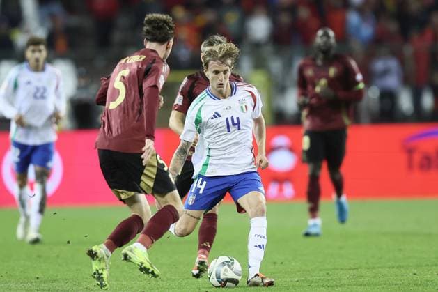 Italian Nicolo Rovella pictured in action during a soccer game between Belgian national soccer team Red Devils and Italy, match 5 (out of 6) in the League A Group 2 of the UEFA Nations League 2025 competition, Thursday 14 November 2024 in Brussels. BRUNOxFAHY  x105423912x