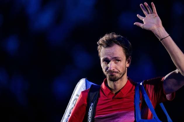 Russia s Daniil MedvedevÊreact during the singles tennis match of the ATP, Tennis Herren World Tour Finals against Italy s Jannik Sinner at the Inalpi Arena in Turin, Italy - - Thursday, November 14, 2024.  Copyright: xMarcoxAlpozzi LaPressex