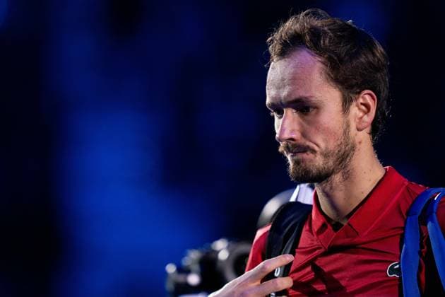 Russia s Daniil MedvedevÊreact during the singles tennis match of the ATP, Tennis Herren World Tour Finals against Italy s Jannik Sinner at the Inalpi Arena in Turin, Italy - - Thursday, November 14, 2024.  Copyright: xMarcoxAlpozzi LaPressex