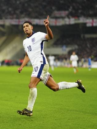 Jude Bellingham of England celebrates after the second goal Greece v England, UEFA Nations League, League B, Group 2, Football, Olympic Stadium, Athens, Greece - 14 Nov 2024 EDITORIAL USE ONLY No use with unauthorised audio, video, data, fixture lists, club league logos or live services. Online in-match use limited to 120 images, no video emulation. No use in betting, games or single club league player publications. Copyright: xJavierxGarcia Shutterstockx 14902321ar