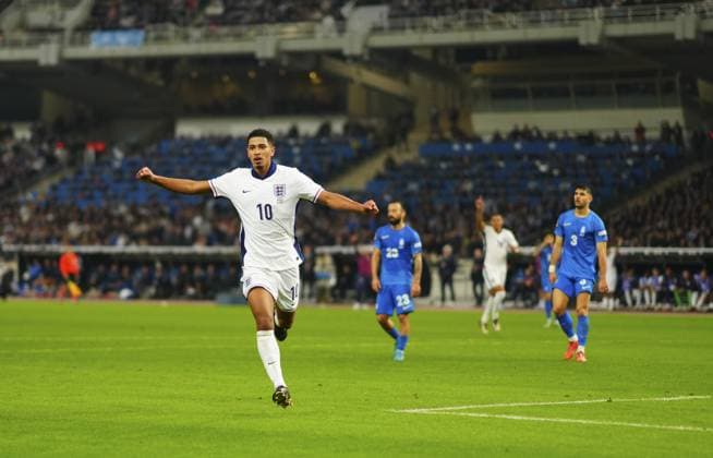Jude Bellingham of England celebrates the second goal Greece v England, UEFA Nations League, League B, Group 2, Football, Olympic Stadium, Athens, Greece - 14 Nov 2024 EDITORIAL USE ONLY No use with unauthorised audio, video, data, fixture lists, club league logos or live services. Online in-match use limited to 120 images, no video emulation. No use in betting, games or single club league player publications. Copyright: xJavierxGarcia Shutterstockx 14902321as