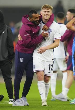 Ashley Cole congratulates Lewis Hall of England at full time Greece v England, UEFA Nations League, League B, Group 2, Football, Olympic Stadium, Athens, Greece - 14 Nov 2024 EDITORIAL USE ONLY No use with unauthorised audio, video, data, fixture lists, club league logos or live services. Online in-match use limited to 120 images, no video emulation. No use in betting, games or single club league player publications. Copyright: xJavierxGarcia Shutterstockx 14902321at