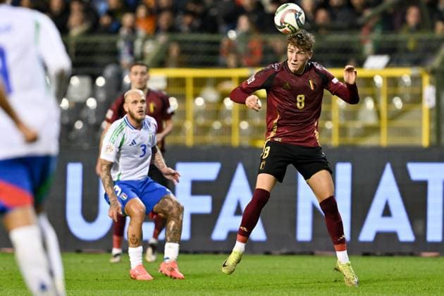 241114 UEFA NATIONS LEAGUE A2 - D5 BELGIUM VS ITALY Arne Engels (8) of Belgium pictured in action during a soccer game between the national teams of Belgium, called the Red Devils and Italy, called Azzurri in the fifth game in group A2 in the UEFA Nations League , on Thursday 14 November 2024 in Brussels , Belgium . photo isosport David Catry BRUSSELS BELGIUM  Copyright: xx 485850