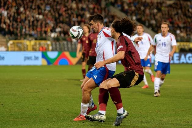 CALCIO - UEFA Nations League - Belgium vs Italy Andrea Cambiaso of Italy in action against Arthur Theate of Belgium during Belgium vs Italy, Football UEFA Nations Leage match in Brussel, Belgium, November 14 2024 Brussel Belgium  Copyright: xIPAxSport ABACAx