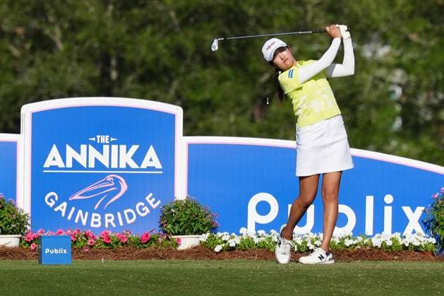 BELLEAIR, FL - NOVEMBER 14: PGA, Golf Herren player Mone Inami plays her tee shot on the 9th hole on November 14, 2024, during the first round of the LPGA, Golf Damen The ANNIKA driven by Gainbridge at Pelican Golf Club in Belleair, Florida. (Photo by Brian Spurlock Icon Sportswire) GOLF: NOV 14 LPGA The ANNIKA driven by Gainbridge at Pelican EDITORIAL USE ONLY Icon241114116