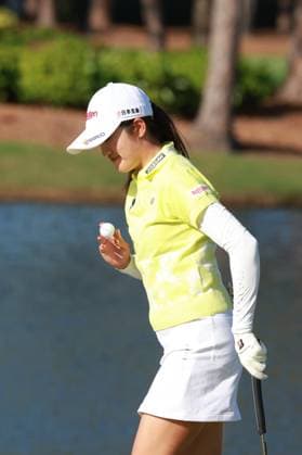 BELLEAIR, FL - NOVEMBER 14: PGA, Golf Herren player Mone Inami reacts to making a birdie putt on the 9th hole on November 14, 2024, during the first round of the LPGA, Golf Damen The ANNIKA driven by Gainbridge at Pelican Golf Club in Belleair, Florida. (Photo by Brian Spurlock Icon Sportswire) GOLF: NOV 14 LPGA The ANNIKA driven by Gainbridge at Pelican EDITORIAL USE ONLY Icon241114121