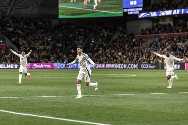 MELBOURNE, AUSTRALIA - NOVEMBER 14: Team Saudi Arabia Defender Sultan Al Ghannam celebrates for a goal which was disallowed due to off side during FIFA World Cup, WM, Weltmeisterschaft, Fussball 2026 AFC Qualifiers Third Round football match between Australia and Saudi Arabia at AAMI Park on November 14, 2024 in Melbourne, Australia. (Photo by Santanu Banik Speed Media Icon Sportswire) SOCCER: NOV 14 FIFA World Cup 2026 AFC Qualifiers Third Round EDITORIAL USE ONLY Icon2411140358926