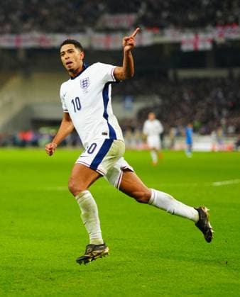 Jude Bellingham of England celebrates the second goal, an own goal by Greece Goalkeeper Odysseas Vlachodimos Greece v England, UEFA Nations League, League B, Group 2, Football, Olympic Stadium, Athens, Greece - 14 Nov 2024 EDITORIAL USE ONLY No use with unauthorised audio, video, data, fixture lists, club league logos or live services. Online in-match use limited to 120 images, no video emulation. No use in betting, games or single club league player publications. Copyright: xJavierxGarcia Shutterstockx 14902321bc