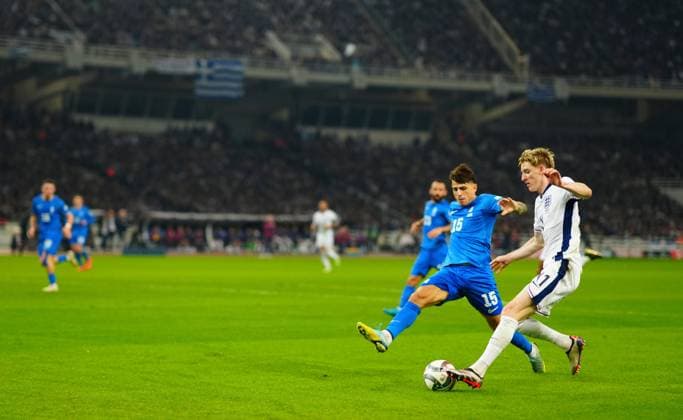 Anthony Gordon of England tries to cross past Lazaros Rota of Greece Greece v England, UEFA Nations League, League B, Group 2, Football, Olympic Stadium, Athens, Greece - 14 Nov 2024 EDITORIAL USE ONLY No use with unauthorised audio, video, data, fixture lists, club league logos or live services. Online in-match use limited to 120 images, no video emulation. No use in betting, games or single club league player publications. Copyright: xJavierxGarcia Shutterstockx 14902321bn