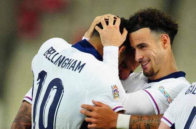 Curtis Jones of England congratulates fellow scorer Jude Bellingham after he created the second goal, an own goal by Greece Goalkeeper Odysseas Vlachodimos Greece v England, UEFA Nations League, League B, Group 2, Football, Olympic Stadium, Athens, Greece - 14 Nov 2024 EDITORIAL USE ONLY No use with unauthorised audio, video, data, fixture lists, club league logos or live services. Online in-match use limited to 120 images, no video emulation. No use in betting, games or single club league player publications. Copyright: xJavierxGarcia Shutterstockx 14902321ez