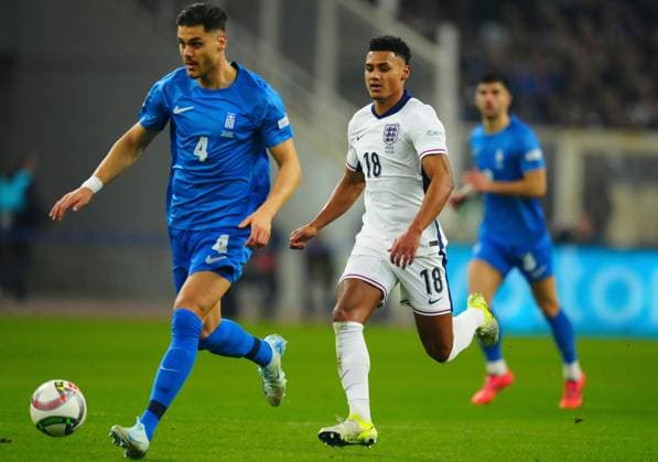 Ollie Watkins of England presses Ntinos Mavropanos of Greece Greece v England, UEFA Nations League, League B, Group 2, Football, Olympic Stadium, Athens, Greece - 14 Nov 2024 EDITORIAL USE ONLY No use with unauthorised audio, video, data, fixture lists, club league logos or live services. Online in-match use limited to 120 images, no video emulation. No use in betting, games or single club league player publications. Copyright: xJavierxGarcia Shutterstockx 14902321fq