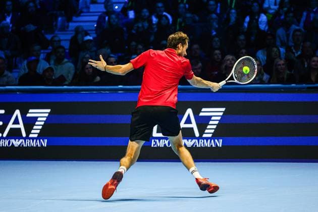 Jannik Sinner Vs Danil Medvedev in Turin, Italy - 14 Nov 2024 Daniil Medvedev of Russia plays against Jannik Sinner of Italy (not in view) on Day five of the Nitto ATP, Tennis Herren World Tour Finals. Jannik Sinner wins 6-3, 6-4 over Daniil Medvedev. Turin Italy Copyright: xMiguelxReisx xSOPAxImagesx ATF Finals2 MR-2730