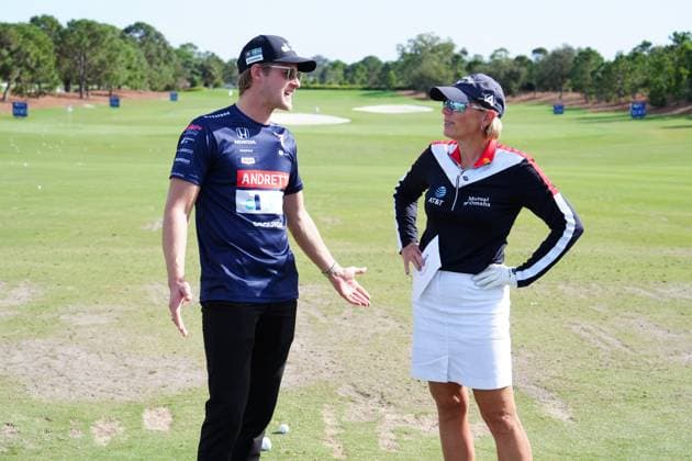 BELLEAIR, FL - NOVEMBER 14: Indy Car driver Marcus Ericsson talks with Hall of Fame golfer Annika Sorenstam on the driving range on November 14, 2024, during the first round of the LPGA, Golf Damen The ANNIKA driven by Gainbridge at Pelican Golf Club in Belleair, Florida. (Photo by Brian Spurlock Icon Sportswire) GOLF: NOV 14 LPGA The ANNIKA driven by Gainbridge at Pelican EDITORIAL USE ONLY Icon241114166